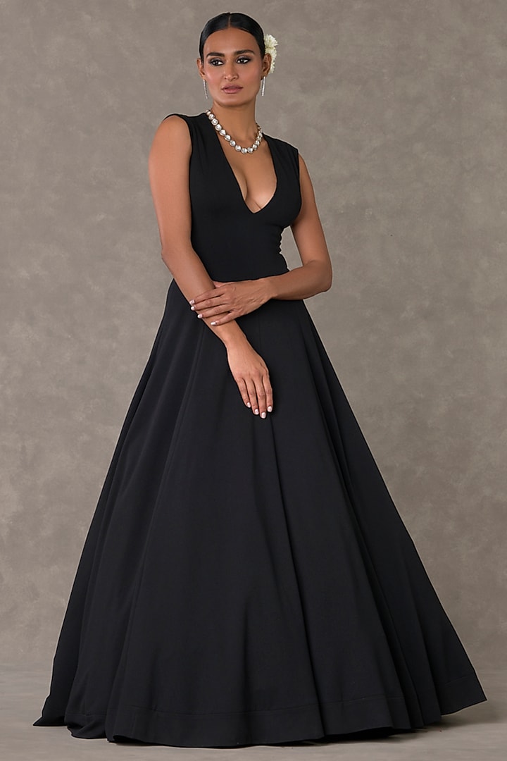 Black Textured Knit Wedding Gown With Embroidered Cape by Masaba at Pernia's Pop Up Shop