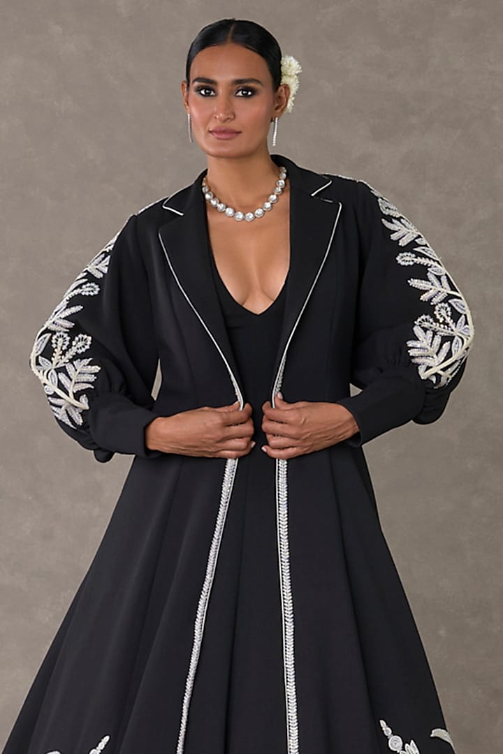 Black Textured Knit Wedding Gown With Embroidered Cape by Masaba at Pernia's Pop Up Shop