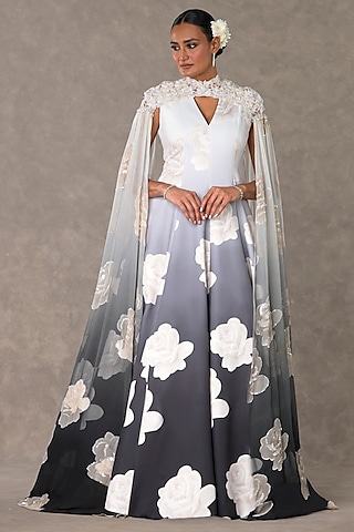 Black & White Textured Georgette Ombre Monochrome Digital Printed Gown With Cape by Masaba