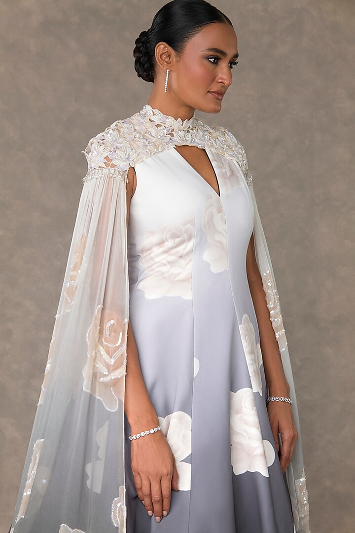 Black & White Textured Georgette Ombre Monochrome Digital Printed Wedding Gown With Cape by Masaba at Pernia's Pop Up Shop