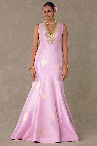 Pink Dupion Silk Foil Printed & Dori Work Gown by Masaba