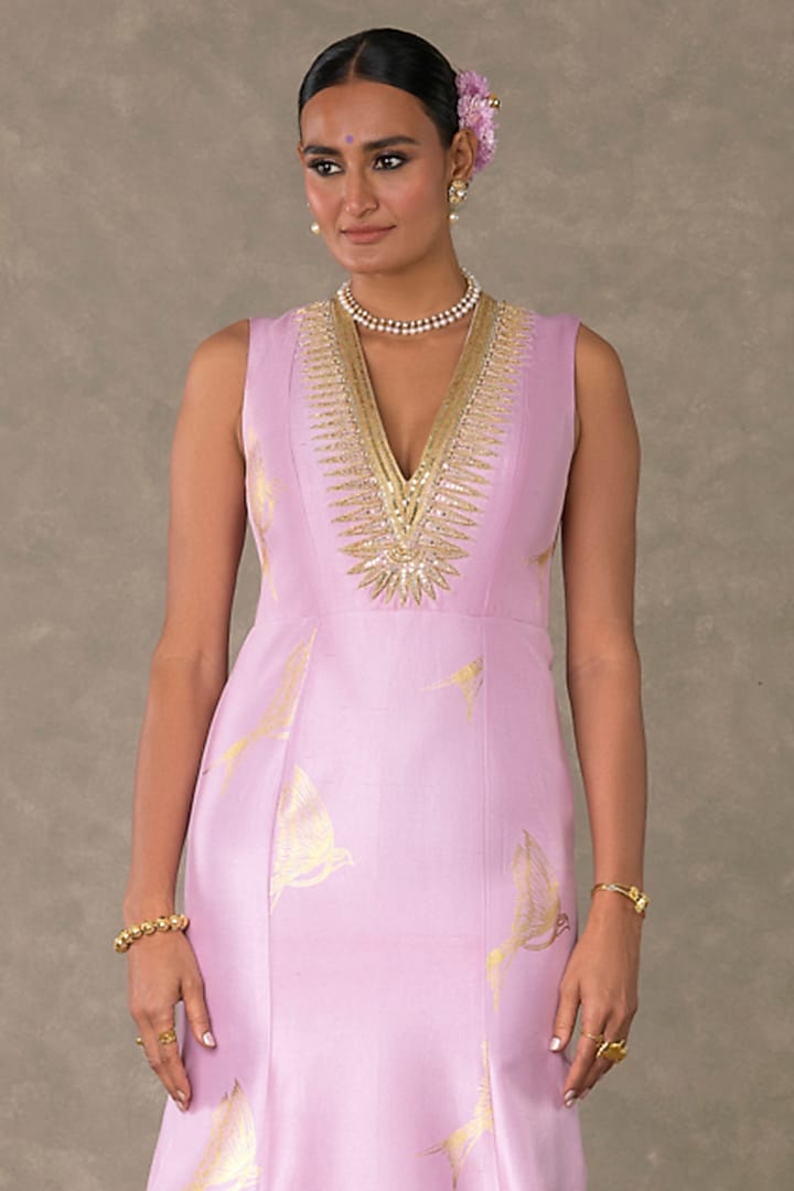 Pink Dupion Silk Foil Printed & Dori Work Engagement Gown by Masaba at Pernia's Pop Up Shop