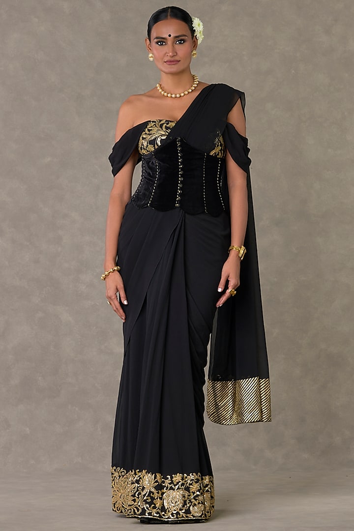 Black Georgette Sitara Work Pre-Stitched Saree Set by Masaba