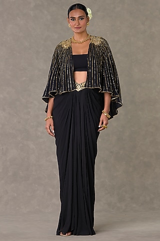 Black Georgette Draped Skirt Set by Masaba