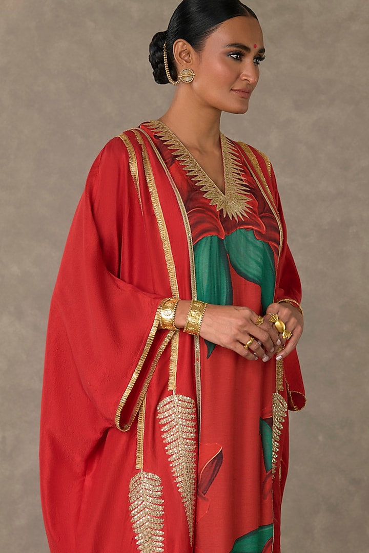 Red Dupion Silk Swirl Printed & Sitara Work Kaftan by Masaba at Pernia's Pop Up Shop