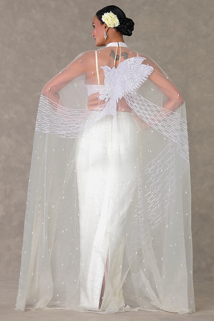White Tulle Moti Embellished Cape Set by Masaba at Pernia's Pop Up Shop