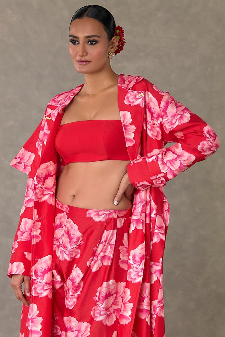 Red Raw Silk Printed Trench Coat Set by Masaba at Pernia's Pop Up Shop