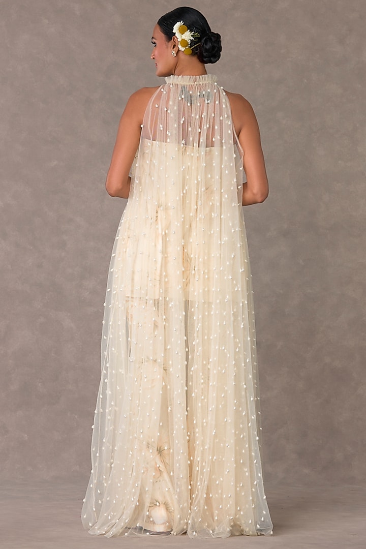 Ivory Tulle Pearl Drop Embellished Cape Set by Masaba at Pernia's Pop Up Shop