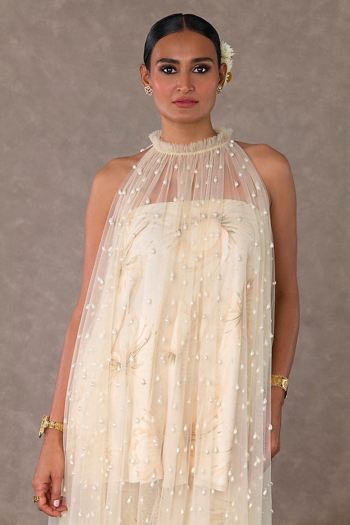 Ivory Tulle Pearl Drop Embellished Cape Set by Masaba at Pernia's Pop Up Shop