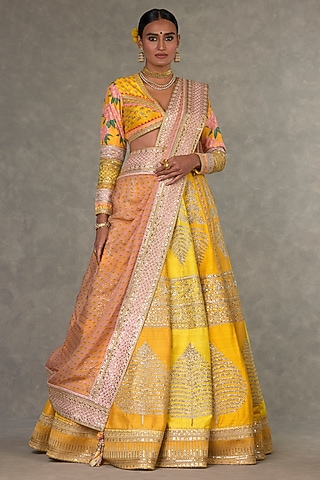 Yellow Raw Silk Motif & Sitara Embellished Lehenga Set by Masaba