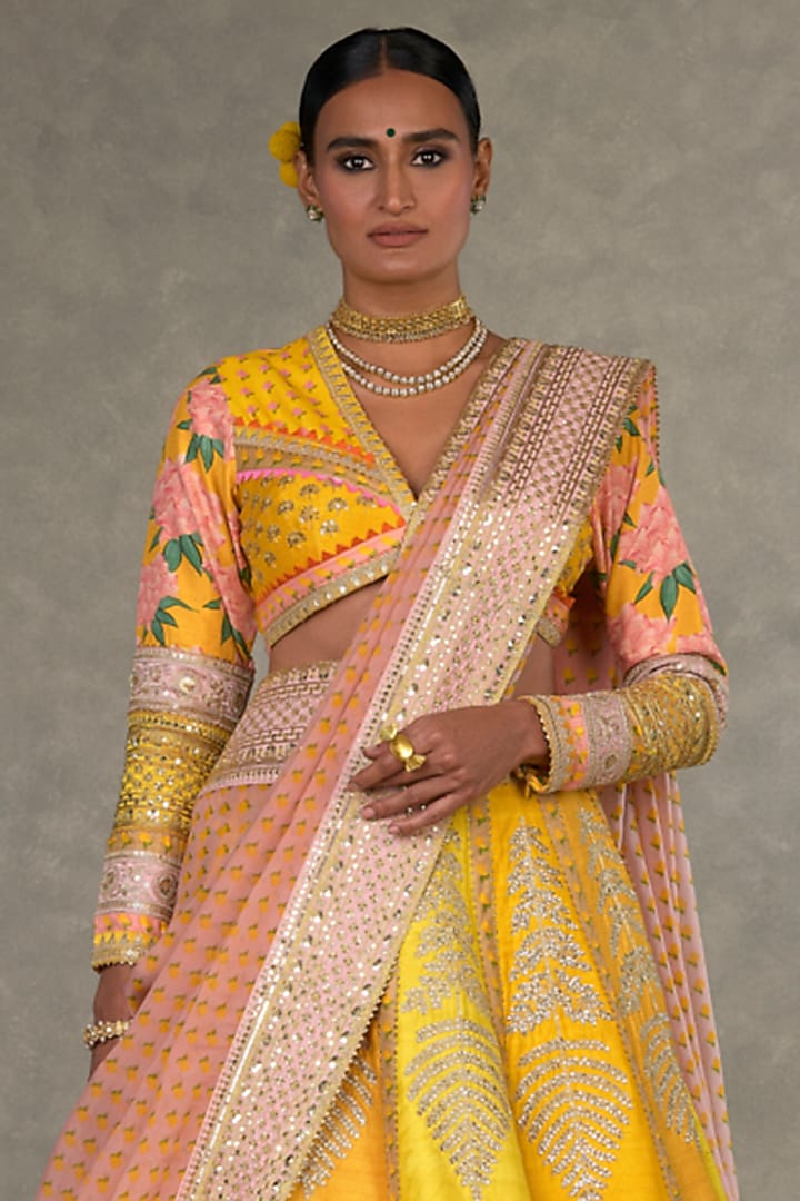 Yellow Raw Silk Motif & Sitara Embellished Bridal Lehenga Set by Masaba at Pernia's Pop Up Shop