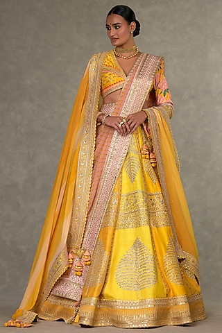 Yellow Raw Silk Motif & Sitara Embellished Lehenga Set by Masaba