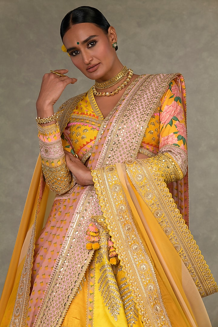 Yellow Raw Silk Motif & Sitara Embellished Bridal Lehenga Set by Masaba at Pernia's Pop Up Shop