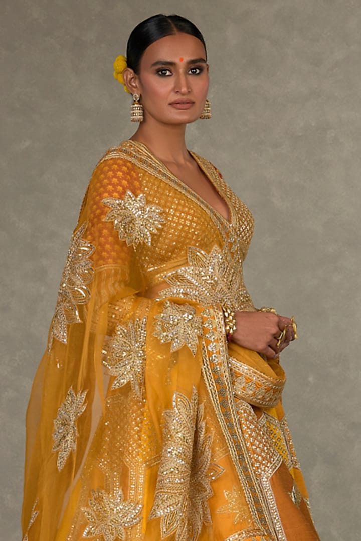 Yellow Shaded Raw Silk Motif & Sitara Embroidered Bridal Lehenga Set by Masaba at Pernia's Pop Up Shop