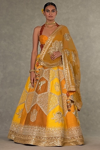 Yellow Shaded Raw Silk Motif & Sitara Embroidered Lehenga Set by Masaba