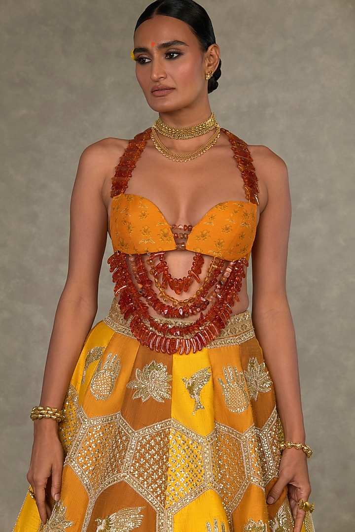 Yellow Shaded Raw Silk Motif & Sitara Embroidered Bridal Lehenga Set by Masaba at Pernia's Pop Up Shop