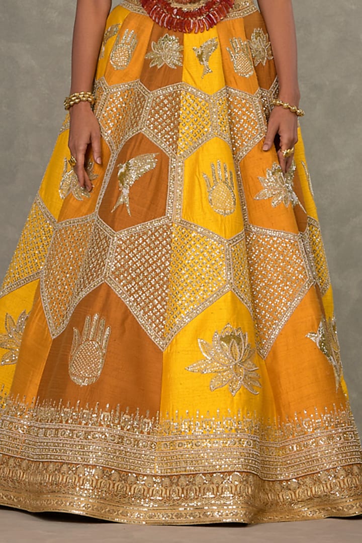 Yellow Shaded Raw Silk Motif & Sitara Embroidered Bridal Lehenga Set by Masaba at Pernia's Pop Up Shop