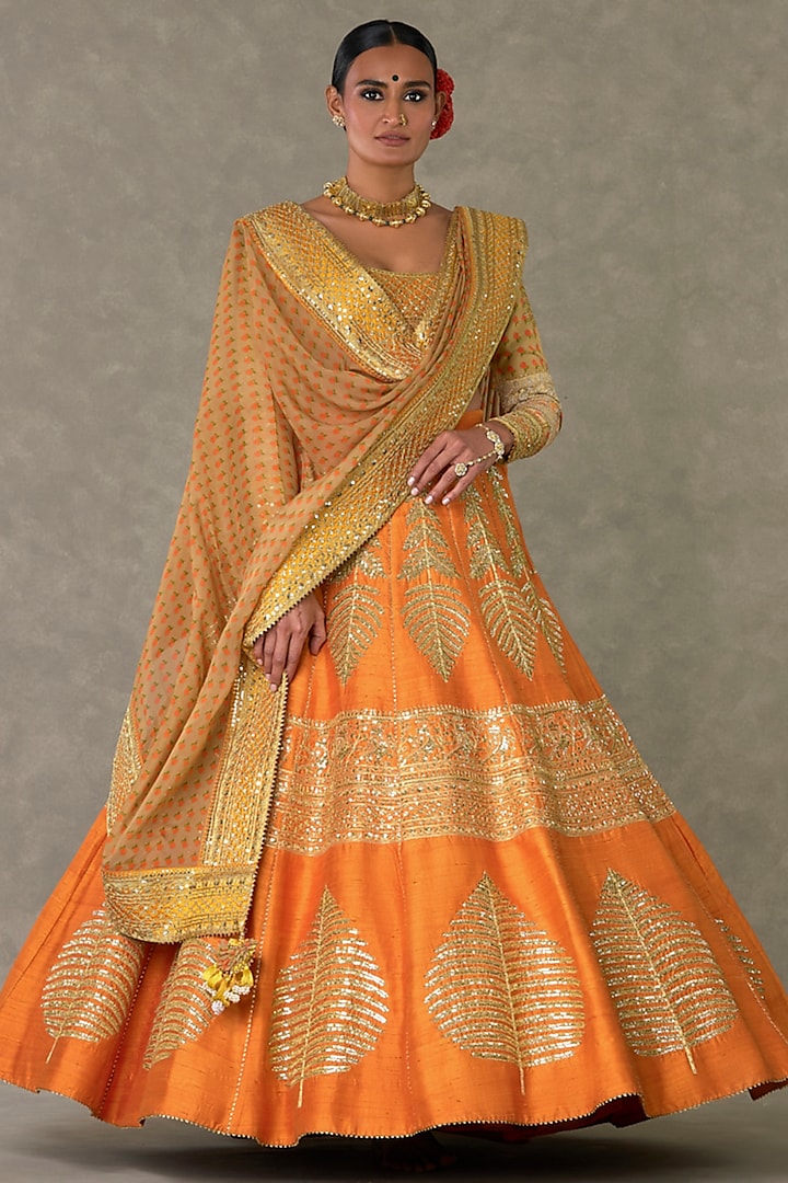 Rust Raw Silk Motif & Sitara Embellished Bridal Lehenga Set by Masaba at Pernia's Pop Up Shop