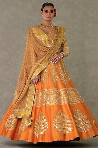 Rust Raw Silk Motif & Sitara Embellished Lehenga Set by Masaba