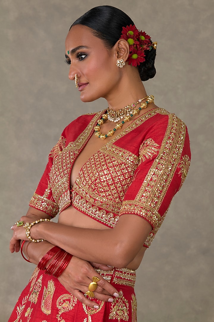 Red Raw Silk Thread & Sitara Embellished Bridal Lehenga Set by Masaba at Pernia's Pop Up Shop