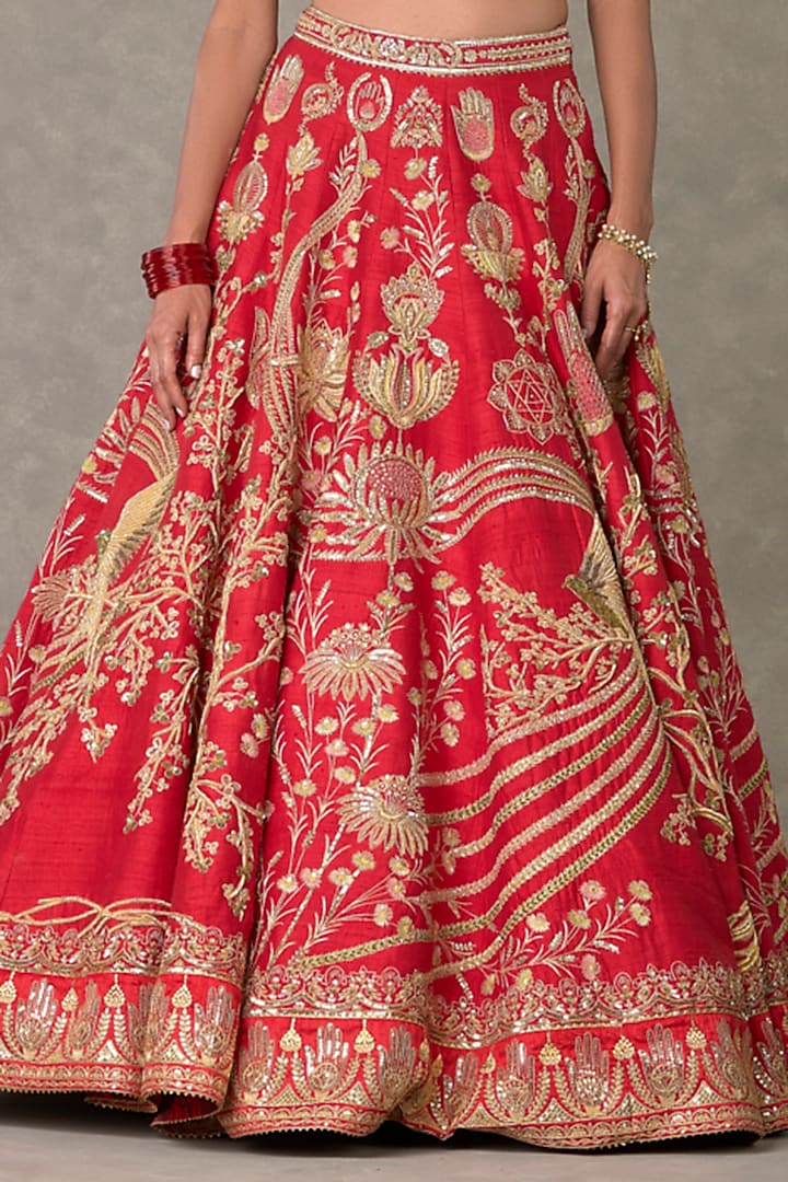 Red Raw Silk Thread & Sitara Embellished Bridal Lehenga Set by Masaba at Pernia's Pop Up Shop
