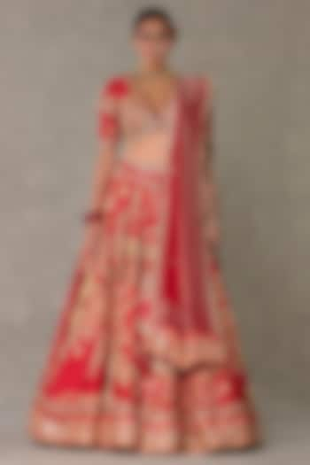 Red Raw Silk Thread & Sitara Embellished Bridal Lehenga Set by Masaba at Pernia's Pop Up Shop