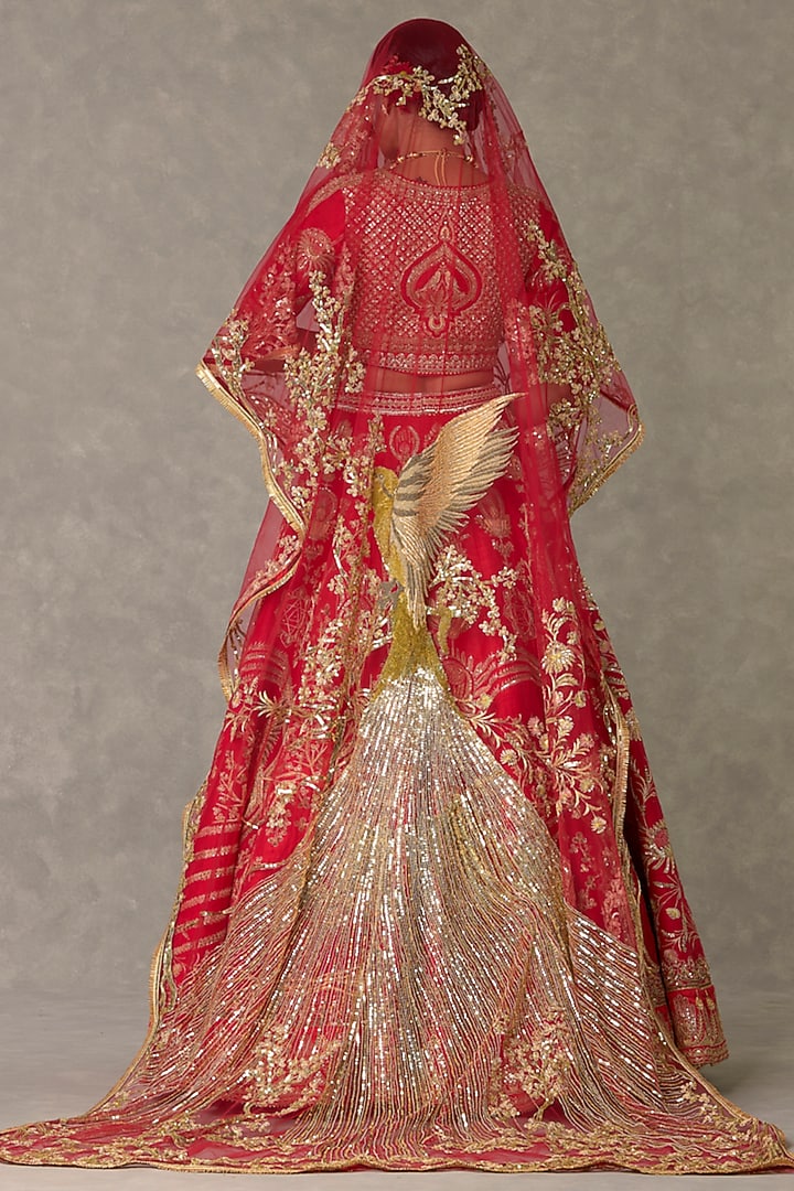 Red Raw Silk Thread & Sitara Embellished Bridal Lehenga Set by Masaba at Pernia's Pop Up Shop