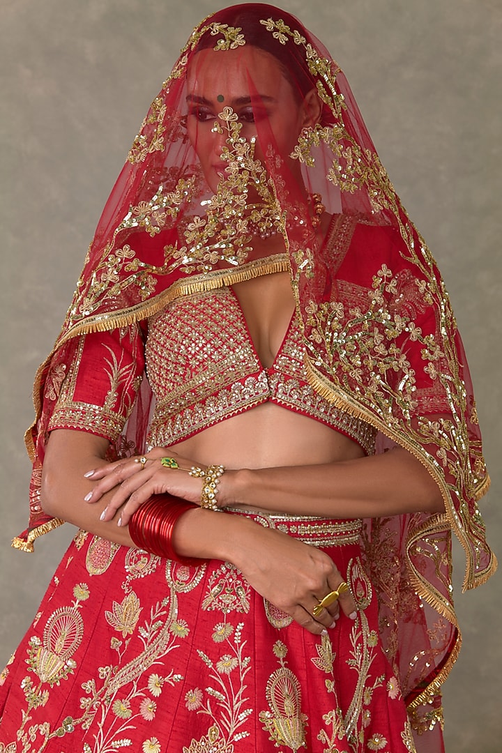 Red Raw Silk Thread & Sitara Embellished Bridal Lehenga Set by Masaba at Pernia's Pop Up Shop