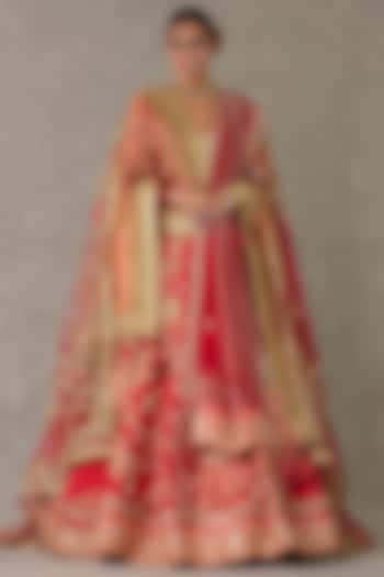 Red Raw Silk Thread & Sitara Embellished Bridal Lehenga Set by Masaba at Pernia's Pop Up Shop