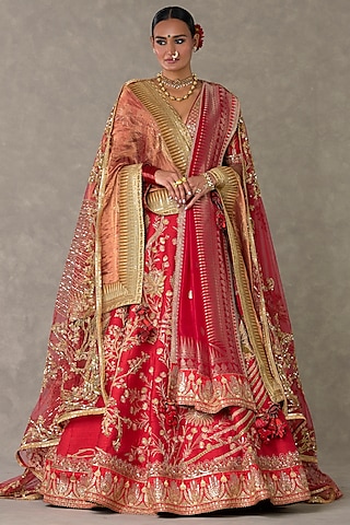 Red Raw Silk Thread & Sitara Embellished Lehenga Set by Masaba