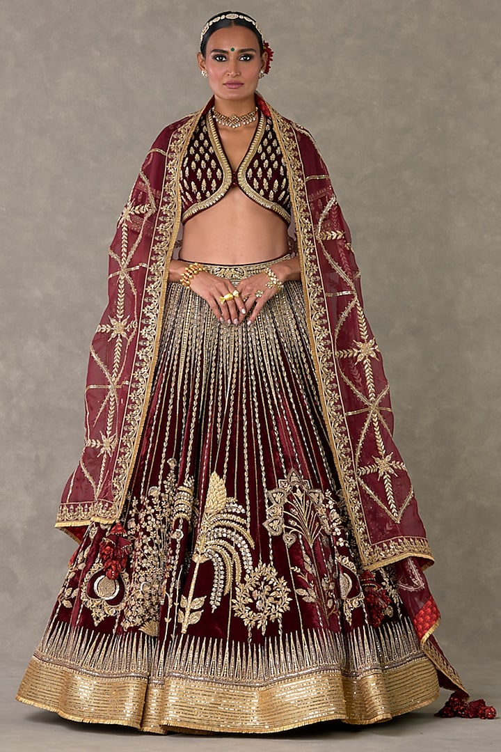 Wine Silk Velvet Sitara & Motif Embellished Bridal Lehenga Set by Masaba at Pernia's Pop Up Shop