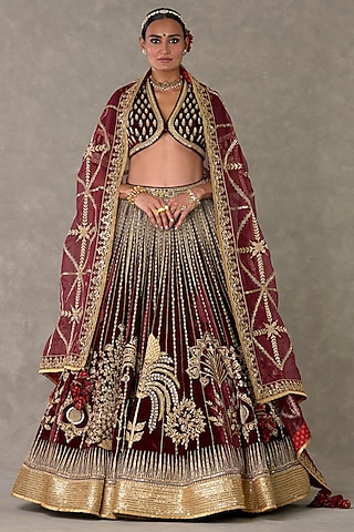 Wine Silk Velvet Sitara & Motif Embellished Lehenga Set by Masaba
