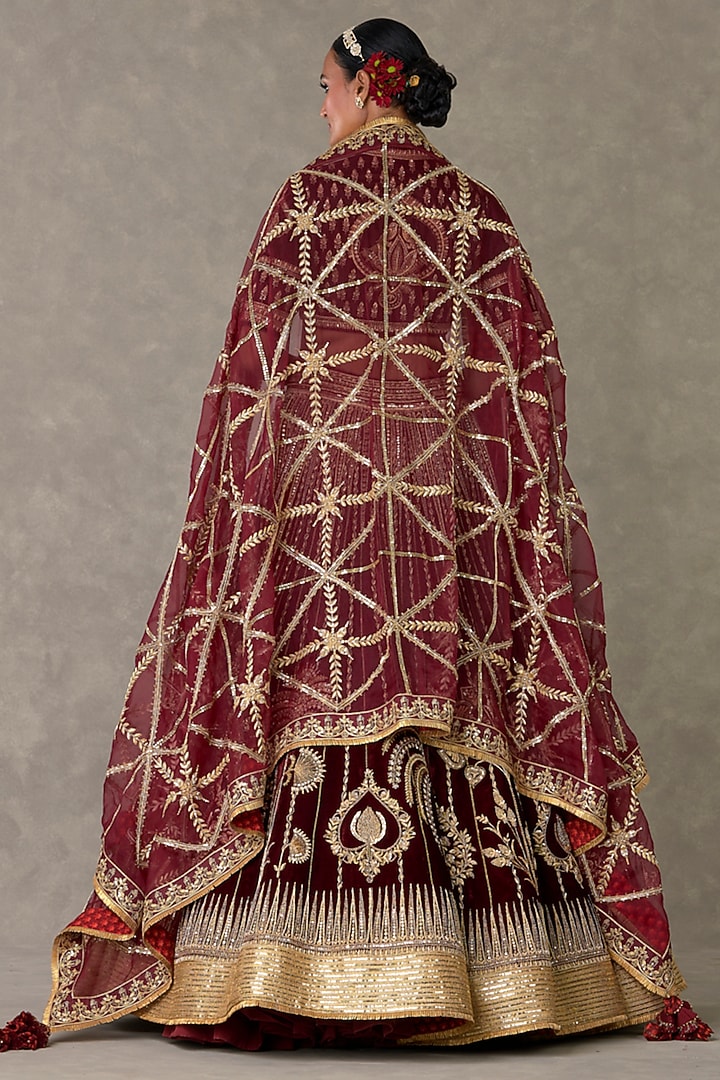 Wine Silk Velvet Sitara & Motif Embellished Bridal Lehenga Set by Masaba at Pernia's Pop Up Shop