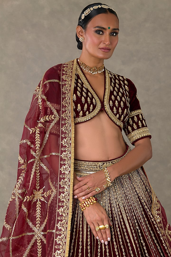 Wine Silk Velvet Sitara & Motif Embellished Bridal Lehenga Set by Masaba at Pernia's Pop Up Shop