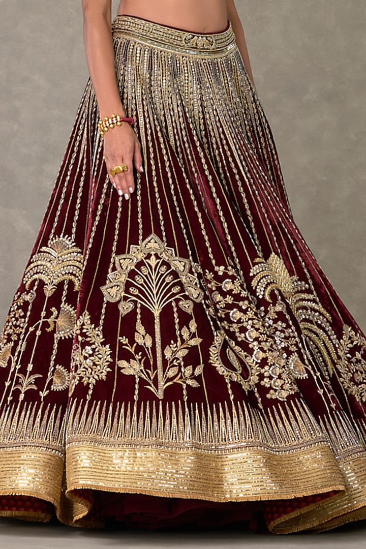 Wine Silk Velvet Sitara & Motif Embellished Bridal Lehenga Set by Masaba at Pernia's Pop Up Shop