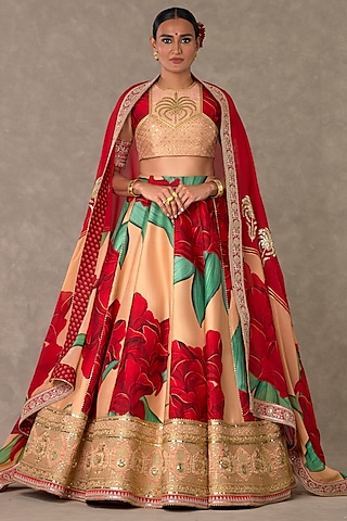 Salmon Raw Silk Digital Printed & Embroidered Lehenga Set by Masaba
