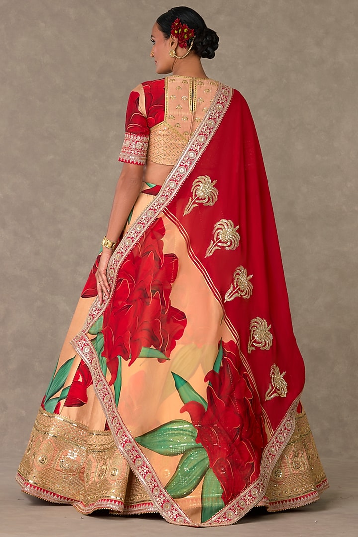 Salmon Raw Silk Digital Printed & Embroidered Bridal Lehenga Set by Masaba at Pernia's Pop Up Shop