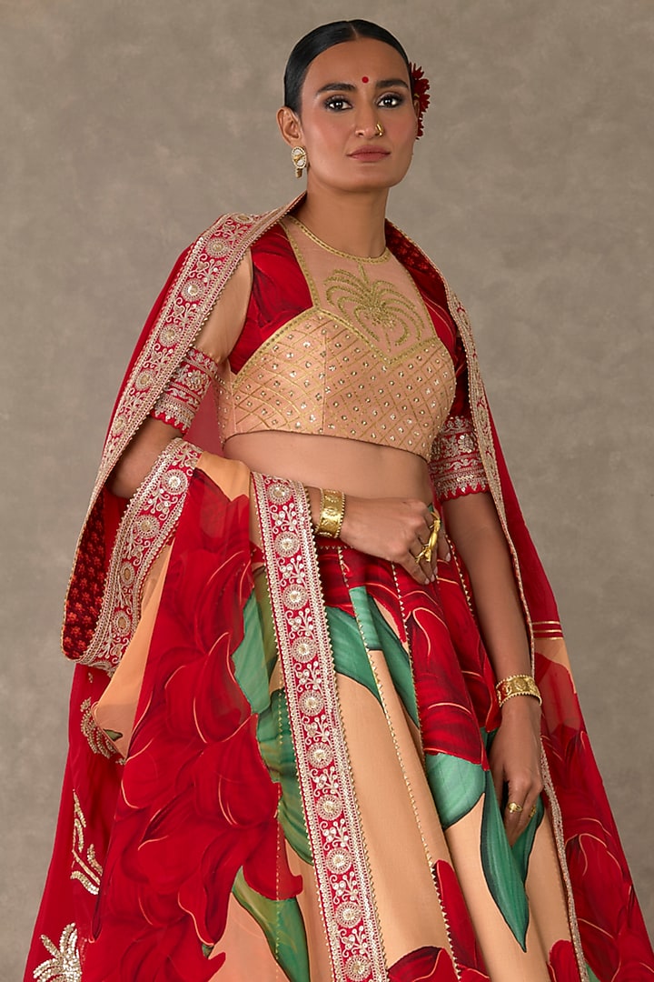 Salmon Raw Silk Digital Printed & Embroidered Bridal Lehenga Set by Masaba at Pernia's Pop Up Shop