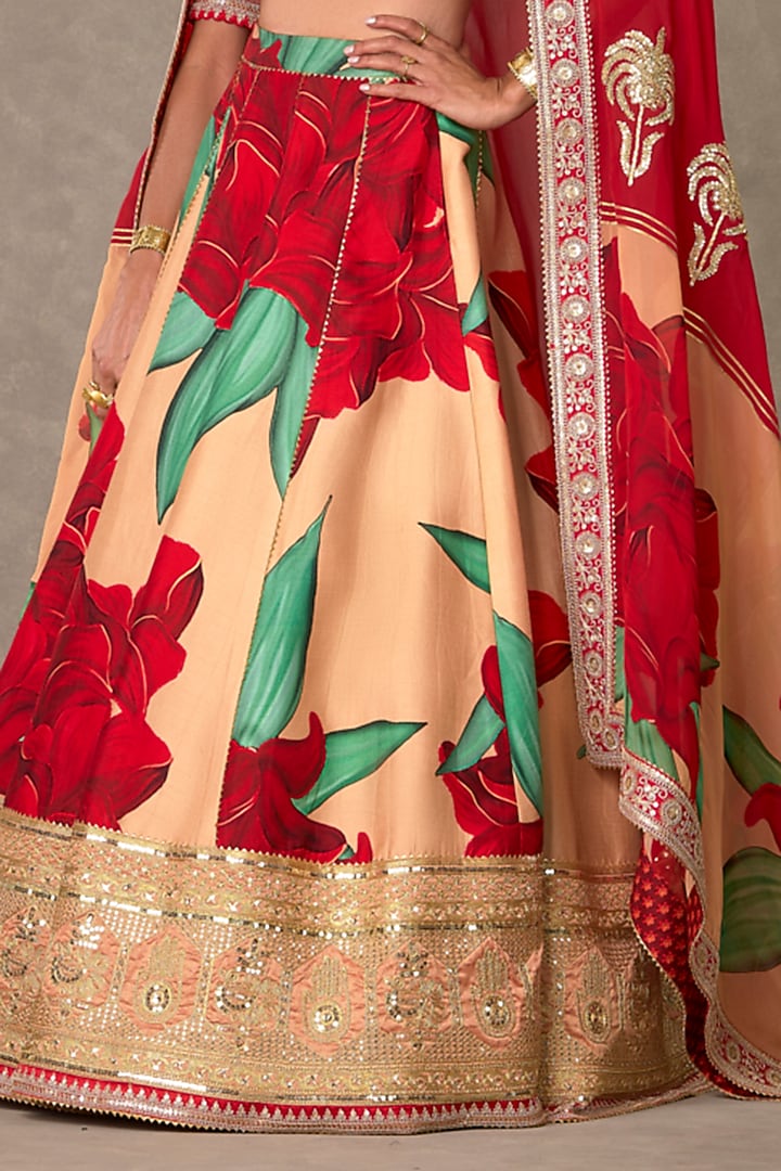 Salmon Raw Silk Digital Printed & Embroidered Bridal Lehenga Set by Masaba at Pernia's Pop Up Shop