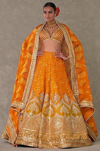 Rust Raw Silk Digital Printed & Embroidered Lehenga Set by Masaba