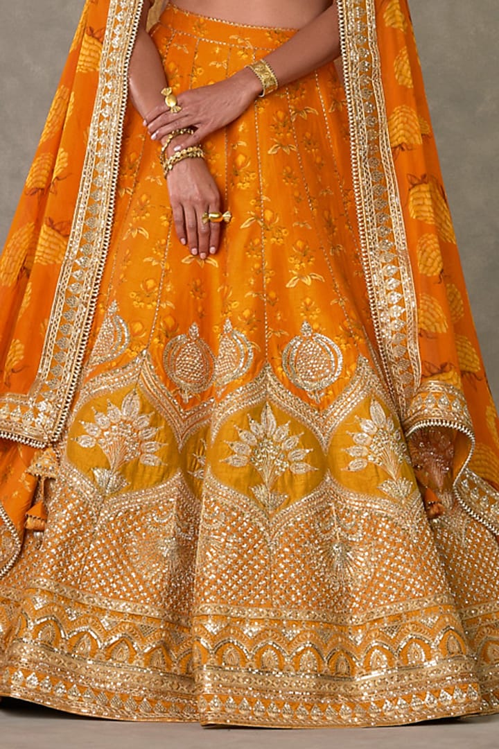Rust Raw Silk Digital Printed & Embroidered Bridal Lehenga Set by Masaba at Pernia's Pop Up Shop