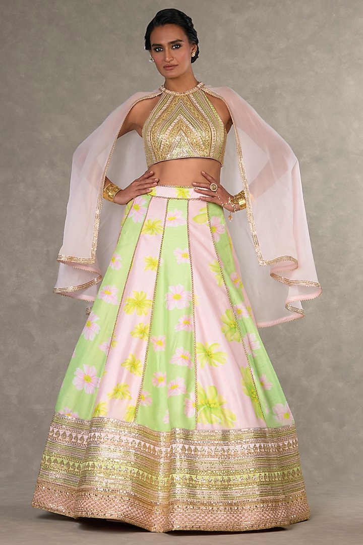 Mint & Baby Pink Raw Silk Digital Printed Jacket Wedding Lehenga Set by Masaba at Pernia's Pop Up Shop