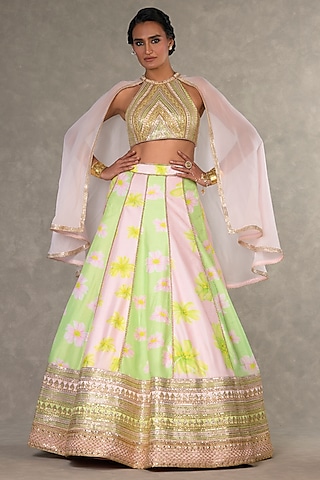 Mint & Baby Pink Raw Silk Digital Printed Jacket Lehenga Set by Masaba