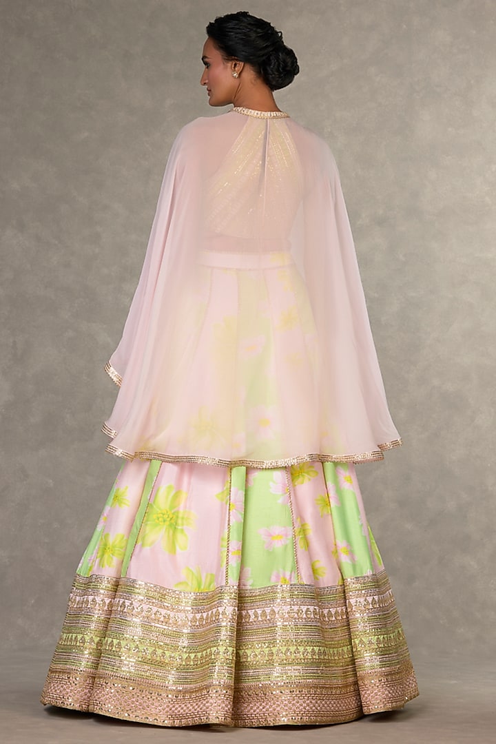 Mint & Baby Pink Raw Silk Digital Printed Jacket Wedding Lehenga Set by Masaba at Pernia's Pop Up Shop