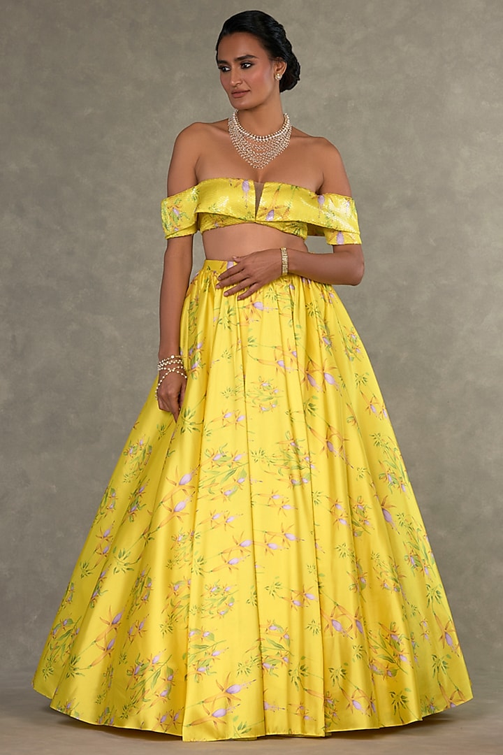 Lemon Yellow Taffeta Digital Printed Gathered Skirt Set by Masaba at Pernia's Pop Up Shop