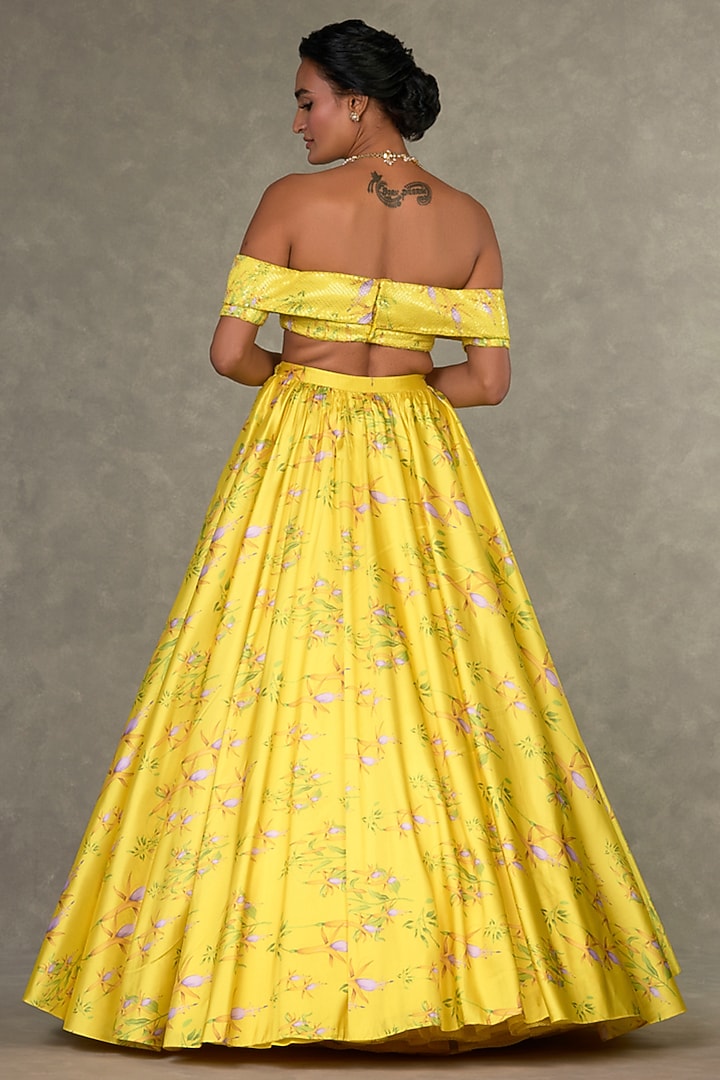 Lemon Yellow Taffeta Digital Printed Gathered Skirt Set by Masaba at Pernia's Pop Up Shop