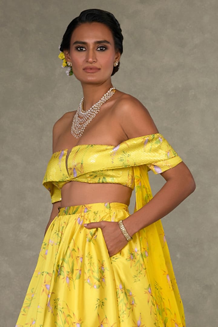Lemon Yellow Taffeta Digital Printed Gathered Skirt Set by Masaba at Pernia's Pop Up Shop