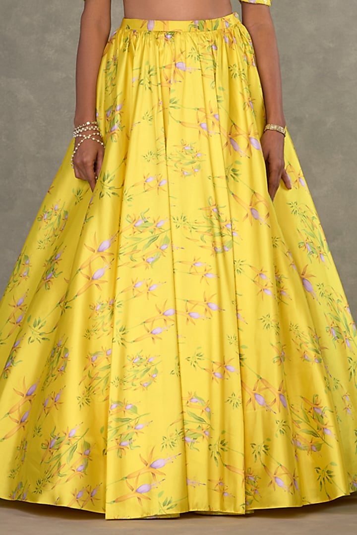 Lemon Yellow Taffeta Digital Printed Gathered Skirt Set by Masaba at Pernia's Pop Up Shop