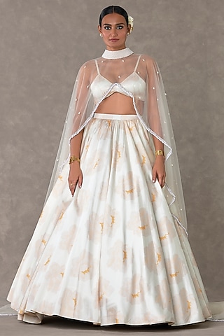 Ivory Taffeta Digital Printed Skirt&nbsp;Set&nbsp;With&nbsp;Cape by Masaba