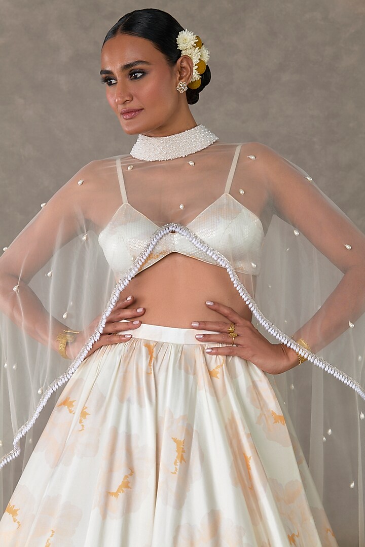 Ivory Taffeta Digital Printed Skirt Set With Cape by Masaba at Pernia's Pop Up Shop
